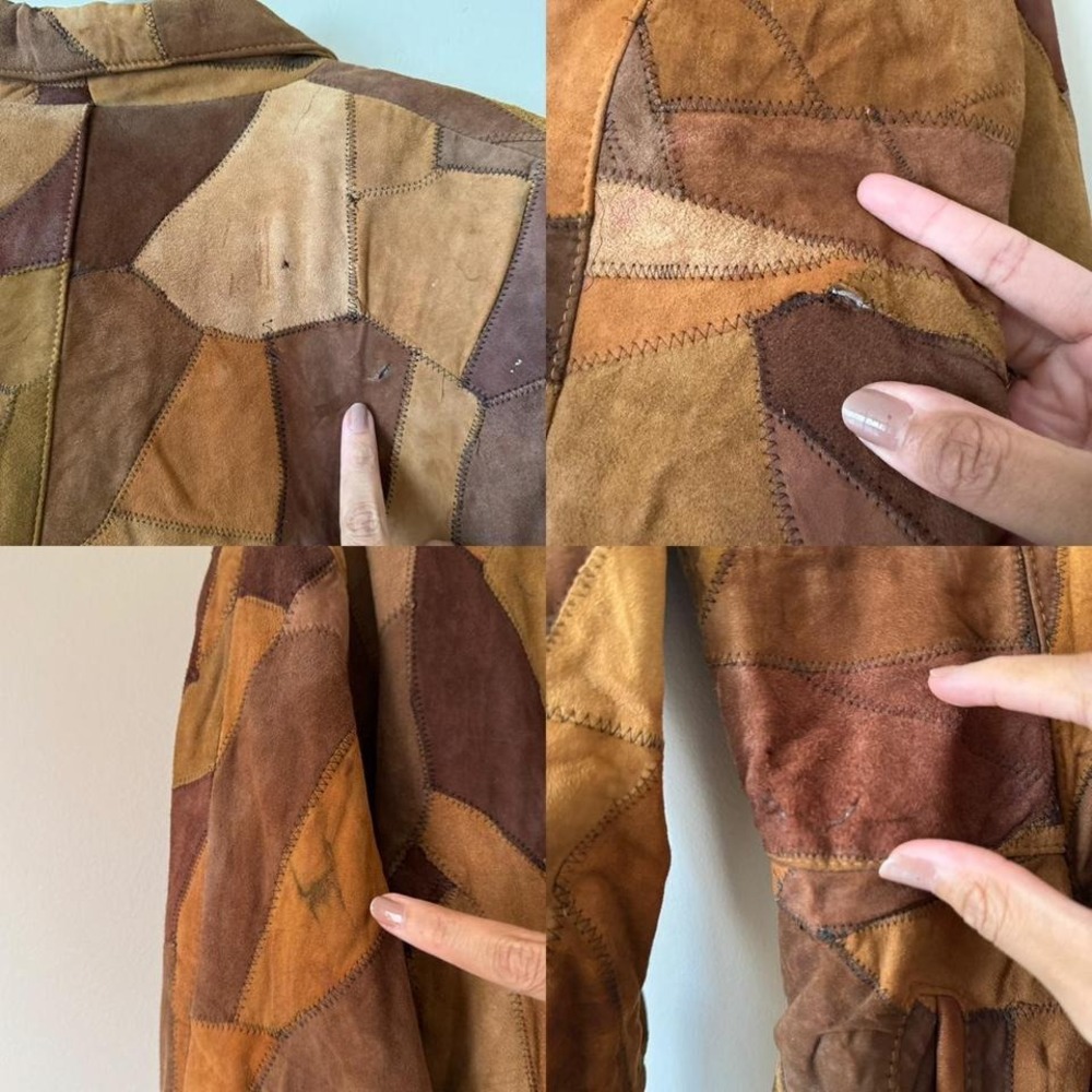 Distressed Patchwork Fitted Suede Jacket Small - image 3